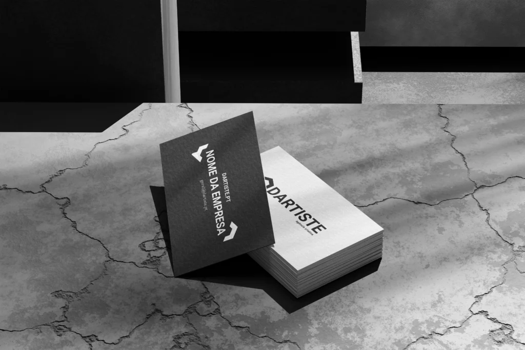 Conjunto de cartões de empresa modernos com design profissional da Dartiste, exibindo logótipo e contactos.